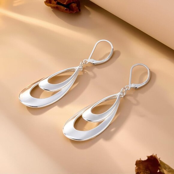 925 Sterling Silver Double Teardrop Leverback Dangle Trendy Earrings for Women - Picture 6 of 6